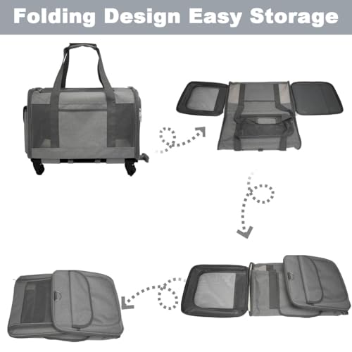 Pet Carrier Bag Cat Wheeled Bag Puppy Rolling Carrier with Detachable Wheel | Large Space Trolley Collapsible Breathable Vet Appointments for Car Seat Travel Small Dog Kitten, Plenty of Room