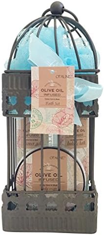Olive Oil Spa Bath Gift in a Iron Bird Cage! 120ml shower gel, 80ml body cream, 120ml bubble bath, puff