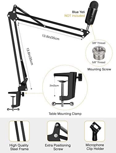 Adjustable microphone arm stand with screw attachment for mounting a microphone, suitable for Yeti and similar mics.
