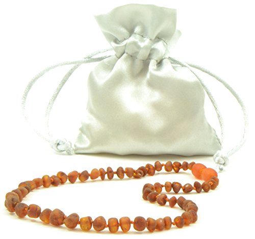 Baltic Amber Teething Baby Necklace - Hand-Made from Raw Genuine Baltic Amber Beads - Raw Cognac Amber - 14.1 inches (36 cm)