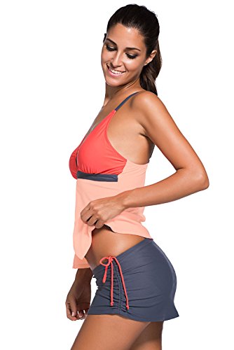 Women's Summer V-Neck Tankini Two-Piece Skirtini Swimsuits Swimwear Bikini Set Pink Orange Coral XL