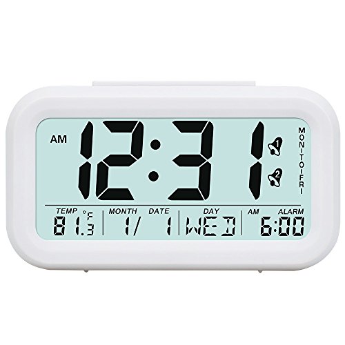 Digital Alarm Clock Table Night Clock Display Time/2 Alarms/Calendar, Snooze/Backlight, Battery Operated Bedside Desk/Shelf Clock for Kids/Teens/Home/Office/Travel-White