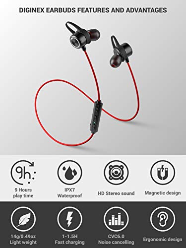 Diginex | Bluetooth Earbuds | Wireless Magnetic Headset | Sport Earphones for Running | IPX7 Waterproof Headphones | 9 Hours Playtime | Stereo Sound | Noise Cancelling Mic | 1 Hour Recharge - Red