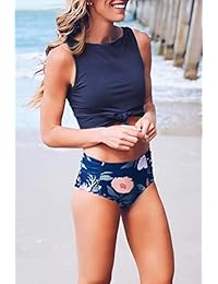 Traje de baño de dos piezas para dama con corbata frontal y parte superior de talle alto con estampado floral