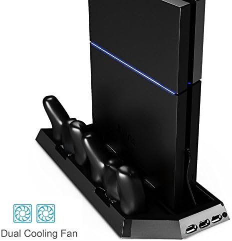 PS4 Vertical Stand Controller Charger with Cooling fan, Jelly Comb PlayStation 4 Charging Station with Dual Charger, Best PS4 Cooler Accessories with USB HUB - Black