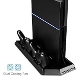 PS4 Vertical Stand Controller Charger with Cooling fan, Jelly Comb PlayStation 4 Charging Station with Dual Charger, Best PS4 Cooler Accessories with USB HUB - Black
