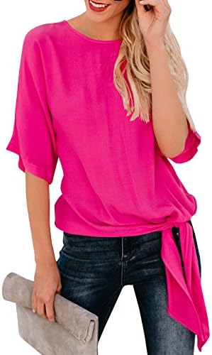 Niitawm Womens Blouse Casual Knot Tie Front Loose Fit Half Sleeve Tee Top T-Shirt Blouses
