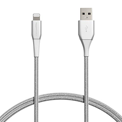 Cable Lightning a USB trenzado de nailon doble premium de Amazon Basics - Cargador de iPhone de Apple con certificación MFi, plateado, actualización de 3 pies (durabilidad clasificada 20, 000 curvas)
