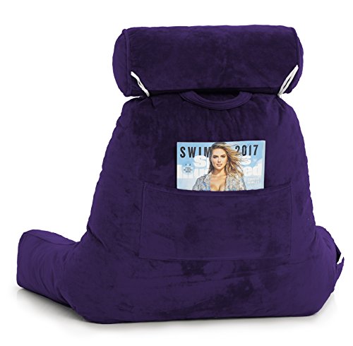 Husband Pillow - Big Bedrest Reading & Support Bed Backrest with Arms Purple - Premium Shredded Memory Foam with Detachable Neck Roll Pillow - Bed Rest Pillow Makes a Comfy & Therapeutic Cuddle Buddy