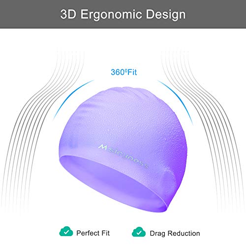 Msicyness Swim Cap for Men Women Silicone Swimming Hat for Adult Swimming Pool Laps Latex Rubber Reduce Water Intake Big Head Hair Guys Girl Bathing Cap (Purple)