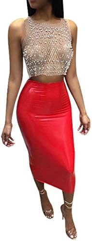 Riojay Women Mesh Sheer Beaded Tanks Crop Top See Through Sleeveless Shirts Clubwear Size XL (White)