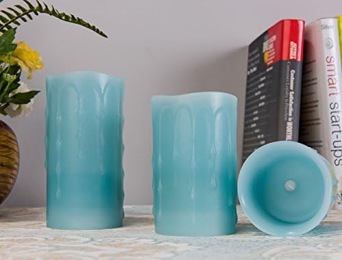 Wax color changing scent led candle light, dripping wax looking with wave top, battery operated with remote and timer, blue color, set of 3