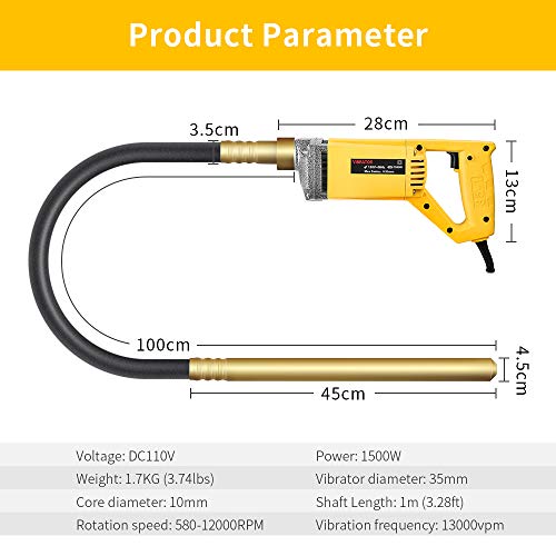 Vibratore Elettrico Per Calcestruzzo Anbull 1800W - 2m Lunghezza, 35mm Diametro, 5500 RPM - Foto 3