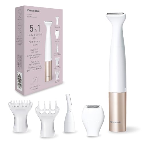 Panasonic ES-WM31 in 1 Body & Bikini Kit, Womens Hair Remover, Ladies Shavers, Bikini Trimmer, 5 Attachments, IPX7 Waterproof, Wet & Dry, Battery Powered (1 x AA Required), White Gold