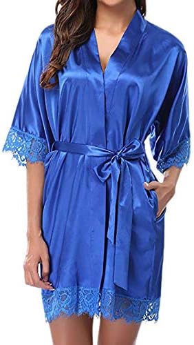 Women's Lace Trim Kimono Robe Nightwear Nightgown Sleepwear Satin Short Robe Bridesmaid Bride Robe