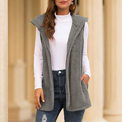 Hemlock Women Vest Coat Sleeveless Hoodies Cardigan Sweater Warm Waistcoat Sherpa Jacket Coat Outerwear Tops Pullovers (L, Grey 2) - Thumbnail 5