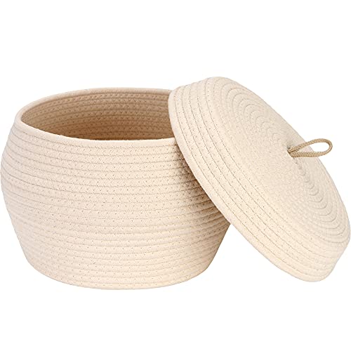 Photo 1 of Sea Team Round Cotton Rope Storage Basket with Lid, Decorative Woven Storage Bin, Pot, Caddy, Organizer, Container for Snacks, Towels, Plants, 13 x 9 Inches (Large, Cream)