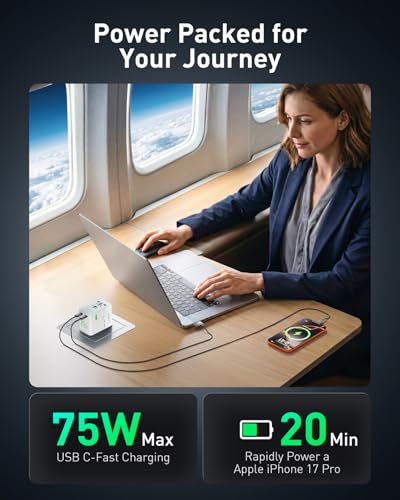 Adaptador de Viaje 75W, Adaptador Universal Europeo GAN de Carga rápida con 5 Puertos (1 AC, 1 USB-A y 3 USB-C), Adaptador de Enchufe con Chip Inteligente para más de 200 países, Blanco
