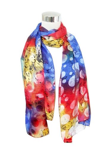 Chiffon/Satin Blend Blue/Red Polka Dot Print - Silk Long Scarf 22