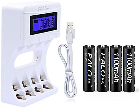 PALO Intelligent 4 Slots Smart LCD Battery Charger Rechargeable USB Charger with 4PCS 1100mAh AAA Ni-Cd Ni-Mh Rechargeable Batteries (Charger with 4pcs AAA Batteries)