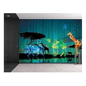 Vintage Wood Panel Safari Scene African Plains Animals...