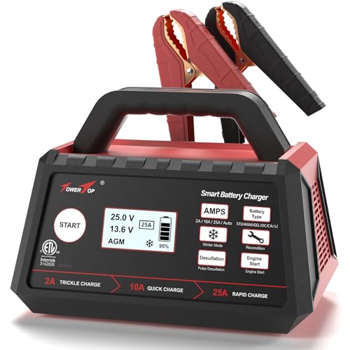 TowerTop 2/10/25 Amp 12V Smart Car Battery Charger, Fully Automatic Battery Maintainer with Engine Start, Auto Desulfator, Battery Repair, Winter Mode, for AGM, STD, Gel, Deep Cycle Batteries（Red）