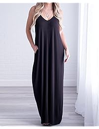 Saikesigirl - Vestido largo con tirantes para mujer, cuello en V, suelto, con bolsillos
