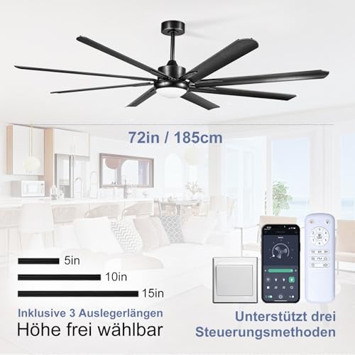 XSXUDODP Ceiling Fans 185 cm with Light, Outdoor White Ceiling Fan with Lighting and Remote Control, 8 Aluminum Blades, 6 Speed, Reversible DC Motor, Black