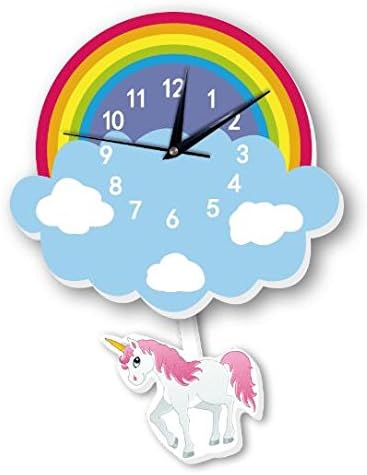 INS wall clock Unicorn rainbow pendulum clock childrens cartoon bell Slient quartz clock (1)