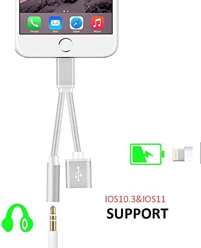 2 in 1 Lightning iPhone 7 Plus Adapter Charger Cable 3.5mm Aux Headphone Jack Audio Converter for iphone 7 / 7 plus Supports iOS 10.3 (Sliver)