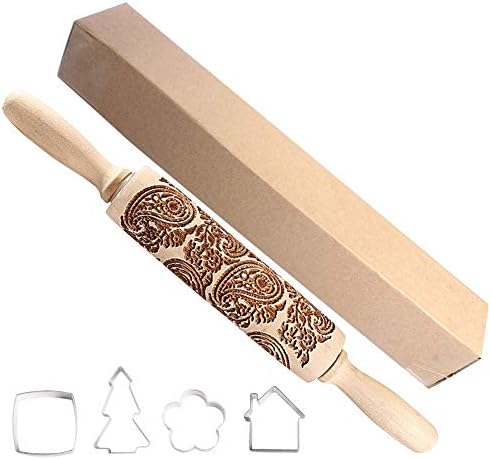 Embossed Rolling Pin Engraved Rolling Pin for Baking Wooden Rolling Pin for Fondant Cookies Crusts Pies Pastry Clay Crafts total lenght 14.2in Paisley
