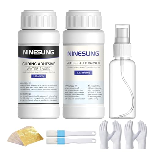 Ninesung Gold Leaf Kit | Gold Leaf Adhesive Set | 100ml Water Based Adhesive and 100ml Varnish | 100 Pcs Gold Leaf Sheets | 2 Brushes | with Spray Bottle | Gold Leaf Sheets for Art Craft, Painting