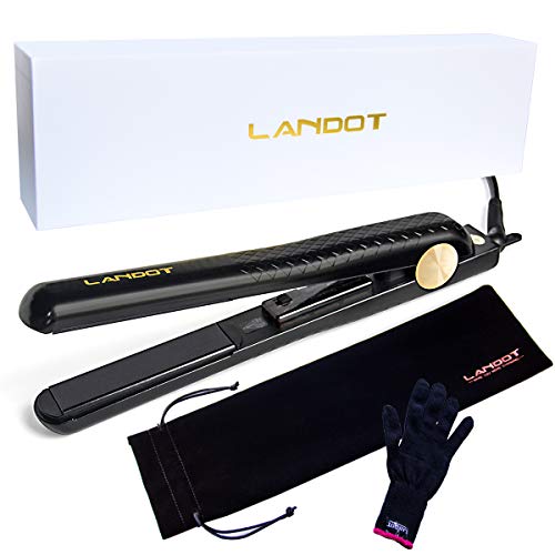 LANDOT Ceramic Tourmaline Hair Straightener Professional Anti Static Flat Iron with 1 inch Floating Plates Dual Voltage Hair Styling Tools Adjustable Temperature 140F to 465F for All Hair Types