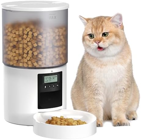 Distributeur Croquettes Chat Automatique: 4L Distributeur Croquettes Chat avec Minuterie Programmable - 1-6 Repas par Jour - avec Appuyez sur Le Couvercle et Fonction D'Enregistrement 10s Blanc