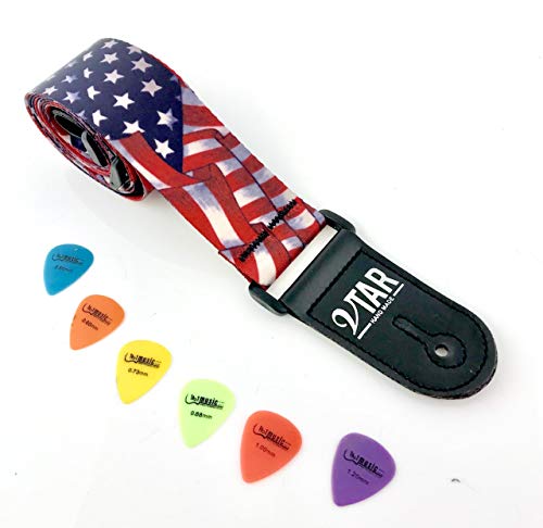 VTAR Vegan USA American Stars and Stripes Flag Style Blue and White Guitar Strap + 6 Plectrums