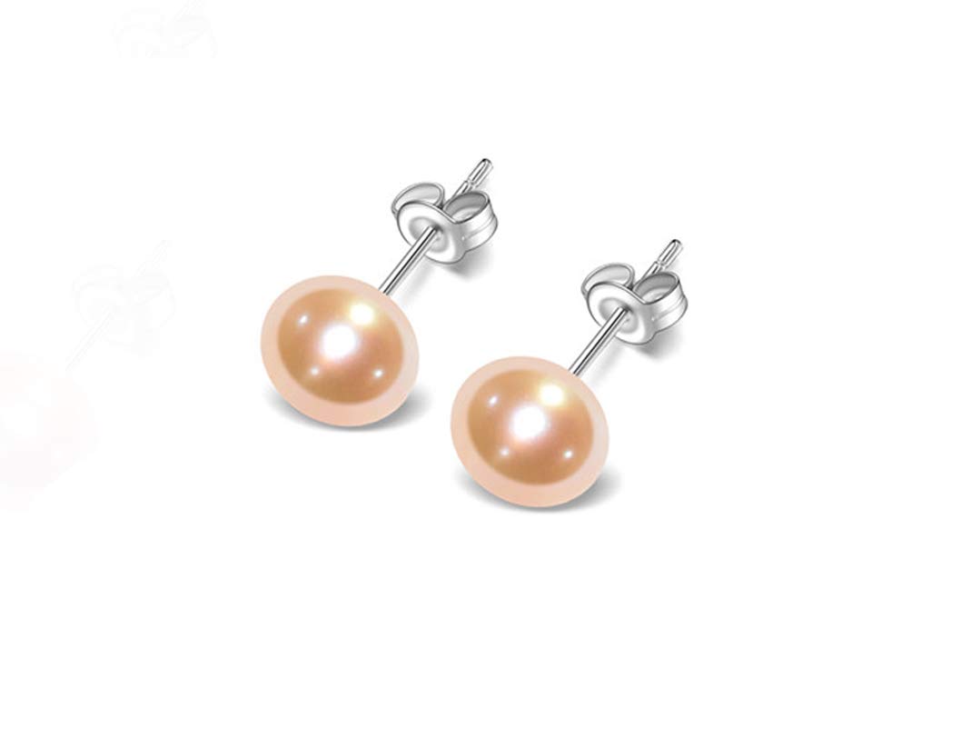 TreasureBay Stunning Natural Freshwater Pearl Stud Earrings With 925 Sterling Silver (Pink)