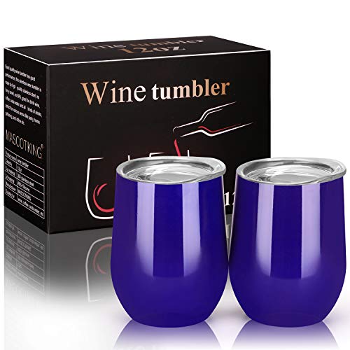 MASCOTKING Wine Glasses Tumbler - 12 oz 2 Pack - Double Wall Vacuum Insulated Cup with Lids for Keeping Wine, Coffee, Drinks - Beverage Warm in Winter - Christmas Present (2PACK 12oz, Dark Blue02) - Thumbnail 7