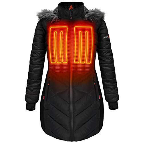 ActionHeat 5V Battery Heated Long Puffer Jacket for Women w/Faux-Fur Hood, Tri-Zone Heating, Touch Control, Power Bank