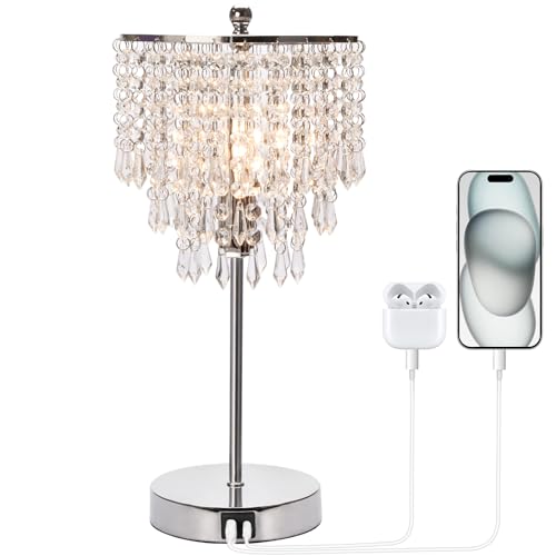 Touch Control Crystal Table Lamp with Dual USB Charging Ports, 3-Way Dimmable Bedside Touch Lamp Decorative Nightstand Lamp with Elegant Lamp Shade fo