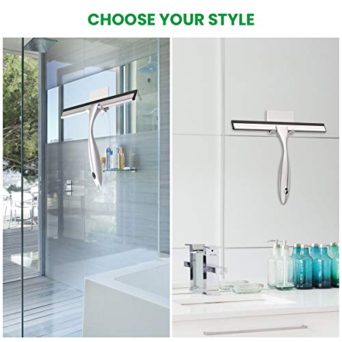 LPOLER Shower Squeegee, All-Purpose Stainless Steel Shower Cleaner for Shower Doors, Bathroom, Window, Mirror and Car Glass, Longer Handle with Hook and Screwdriver (Silver, 10 Inches)