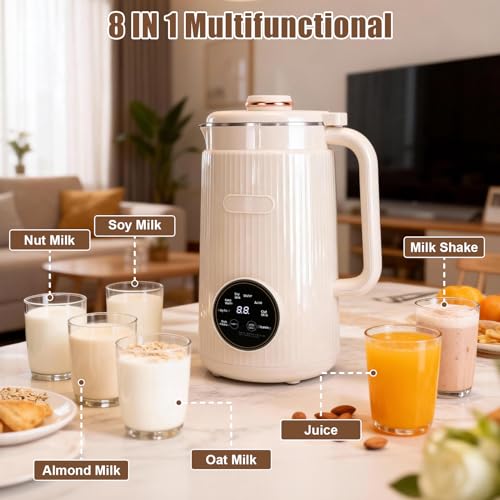 HISUEKIG Soy Milk Machine 1200ml, 8 in 1 Nut Milk Maker with 12 Blades, Temperature Control, Self-cleaning Keeping Warm, for Oat Almonds (Beige)
