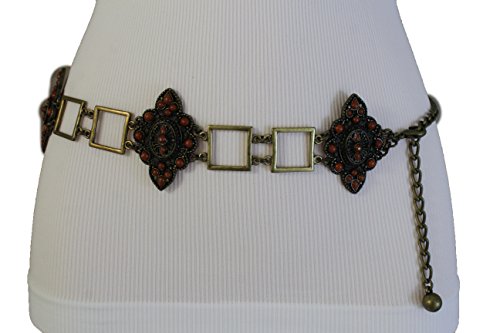 TFJ Women Fashion Antique Gold Metal Chains Belt Hip Waist Brown Flowers S M L