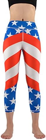 Threelove Women's Activewear Slim Fit Yoga Pants High Waist Inner Pocket Comfy Capri Leggings Non See-through Fabric Flag L