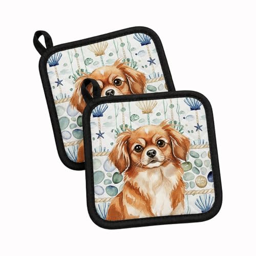 Caroline's Treasures Red Tibetan Spaniel Coastal Sea Glass Pair of Pot Holders…