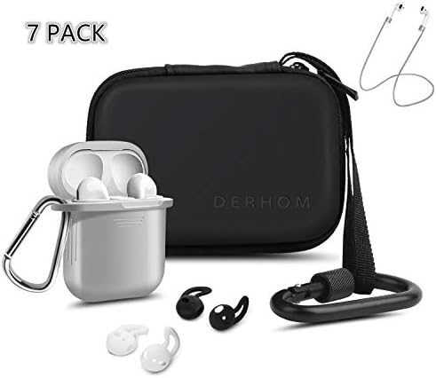 Airpods Accessories - Derhom Airpods Waterproof Silicone Hang Case Cover with Anti-lost Strap, Earhooks, Keychain, Headphone Accessories Storage Travel Bag for Apple Airpod (Gary)