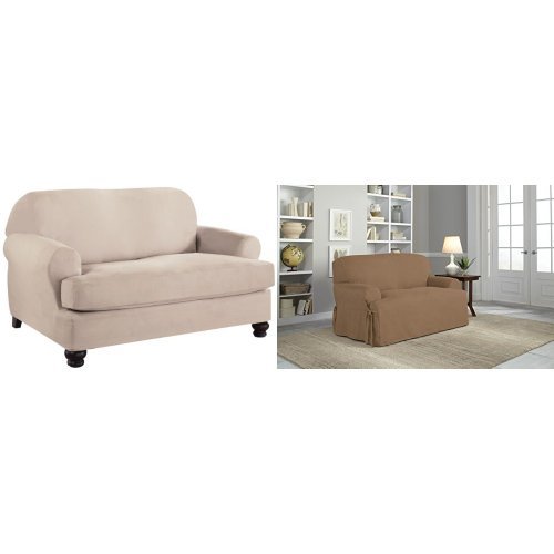 Tailor Fit Stretch Fit Micro Suede 2-Piece Slipcover Furniture Protector for T-Cushion Loveseat, Ivory and Serta Relaxed Fit Smooth Suede Furniture Slipcover for T-Love Seat, Taupe