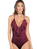 MakeMeChic Women's Deep V Neck Ruffle Faux Suede Sexy Bodysuit Red XS