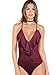 MakeMeChic Women's Deep V Neck Ruffle Faux Suede Sexy Bodysuit,Wind Red,Medium