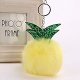 Fur Pineapple Pom Pom Keychain Bag Purse Charm Green Leaves Fluffy Fur Ball Key Chain for Women Grils (Yellow)