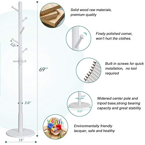 Vlush Sturdy Wooden Coat Rack Stand, Free Standing Entryway Hall Tree